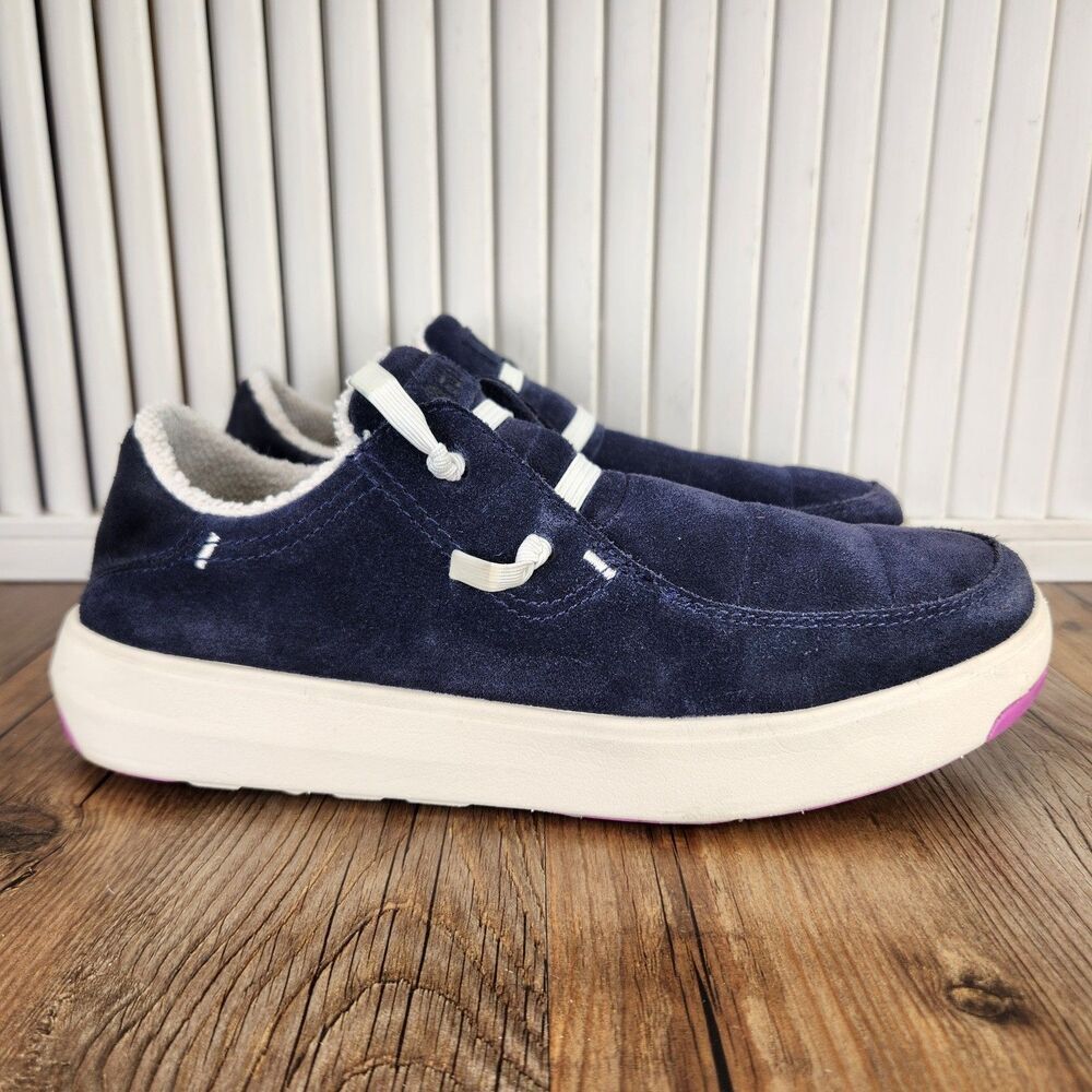 Stio Colter Low Shoes Womens Sz 8 Navy Blue Suede Sherpa Lined Slip On Sneakers